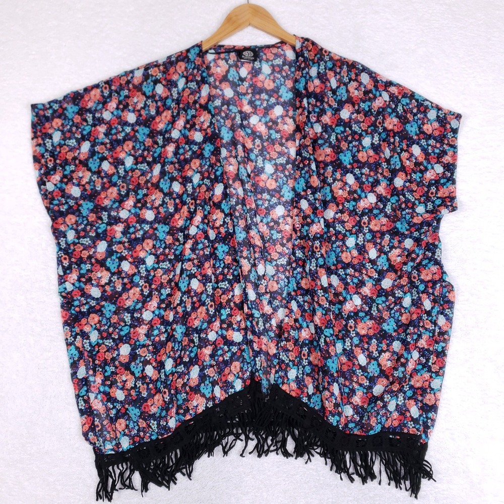 Bobeau Floral Kimono Cardigan Women M Fringe Sheer Chiffon Cover Up Multi Color